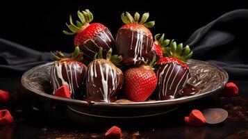 ai generado delicioso chocolate cubierto fresas en plato foto