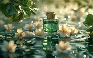 AI generated Green Perfume Bottle Amidst Floral Water photo