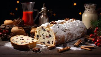 AI generated Christmas Stollen Bread with Festive Decorations photo