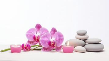 ai generado elegante spa ajuste con orquídeas y velas foto