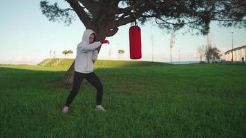 un mujer en un capucha es boxeo en frente de un árbol video