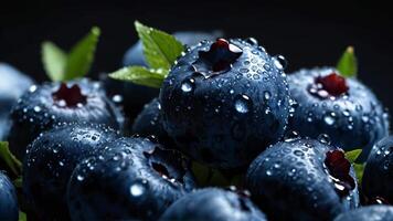 AI generated Blueberry with drops of water dew on a dark background video