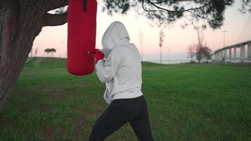 een vrouw in een capuchon is boksen in voorkant van een boom video