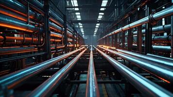 AI generated Industrial high tech transparent glowing translucent energy pipes futuristic with energy and fuel equipment in factory video