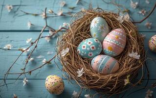 AI generated Easter eggs snuggled in straw, set against blue wood photo
