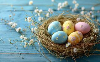 AI generated Blue wooden planks serve as a stage for straw nestled Easter eggs photo