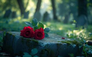 AI generated A melancholic vision of scarlet roses lying on a weather beaten tomb photo