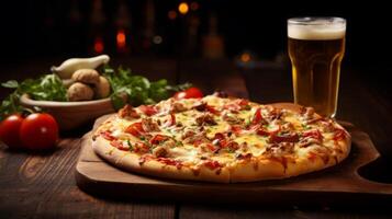 AI generated Pizza and Beer on Wooden Table photo