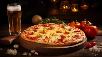 AI generated Pizza and Beer on Wooden Table photo