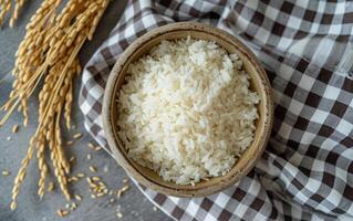 ai generado un porcelana cuenco rebosante con sin cocer blanco arroz foto