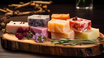 AI generated Variety of Artisanal Soaps Displayed on Wood photo