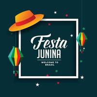 festa junina Brasil festival saludo con sombrero y linterna vector