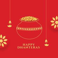 hindu festival happy dhanteras wishes background with line style golden pot vector