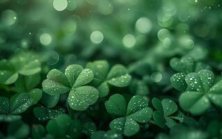 AI generated Dewy Green Clovers Glisten in the Morning Light photo