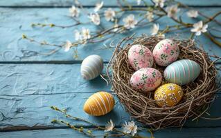 AI generated Straw ensconced Easter eggs on a backdrop of blue wood photo