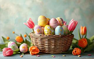 AI generated Tulips Interwoven with Easter Eggs in a Basket photo