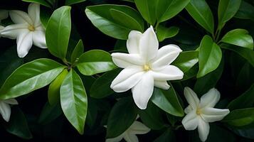 AI generated White Tiare Flower with Raindrops on Petals photo