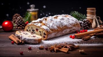 AI generated Christmas Stollen Bread with Festive Decorations photo
