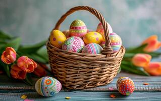 AI generated Easter Eggs and Spring Tulips in a Basket photo
