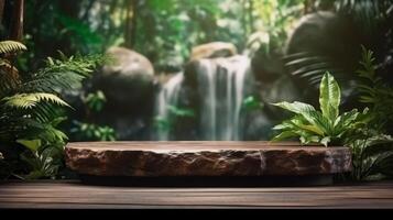 AI generated Wooden Podium With Forest Waterfall Background photo