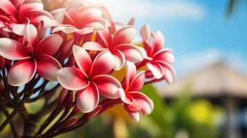 ai generado vibrante rosado plumeria flores en luz de sol foto