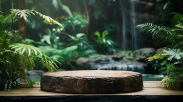 AI generated Wooden Podium With Forest Waterfall Background photo