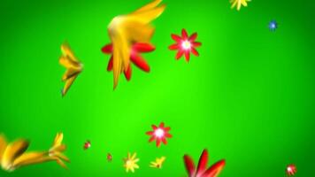 colorful flying flowers on green abstract background video