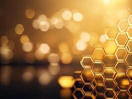 AI generated Golden honeycomb on golden bokeh background. 3d rendering photo