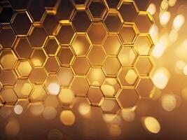 AI generated Golden honeycomb on golden bokeh background. 3d rendering photo