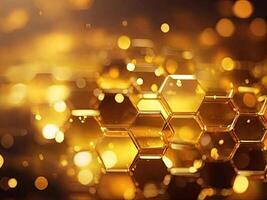 AI generated Golden honeycomb on golden bokeh background. 3d rendering photo