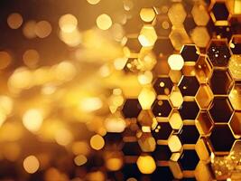 AI generated Golden honeycomb on golden bokeh background. 3d rendering photo