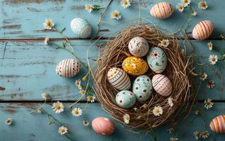 AI generated Blue lumber hosts Easter eggs nestled among straw photo