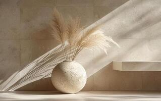 AI generated Modern Minimalist Interior with a Focus on a White Vase and Dry Grass photo