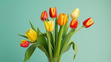 ai generado vibrante tulipanes en florero en contra verde azulado antecedentes foto