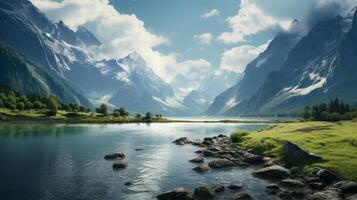 AI generated Majestic Mountains Reflecting on Calm Lake photo