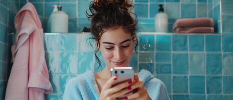 AI generated Browsing Skincare Tips on Her Phone in the Bathroom photo