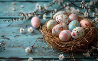 AI generated Easter eggs cradled in straw on a blue wooden background photo