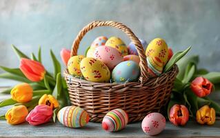 AI generated Easter Eggs and Tulips Arranged in a Wicker Basket photo