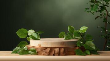 AI generated Elegant Wooden Podium Amidst Lush Green Foliage photo