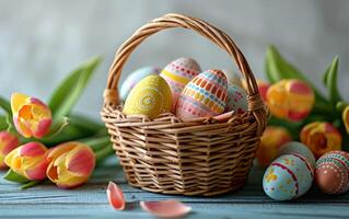 AI generated A Festive Basket Holding Tulips and Easter Eggs photo