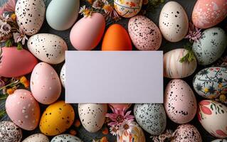 AI generated Artistic Easter Eggs Arrangement with Blank Space for Text photo