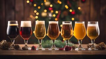 AI generated Festive Beer Glasses Amidst Christmas Decoration photo