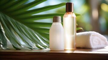AI generated Elegant Spa Essentials Amidst Lush Green Foliage photo
