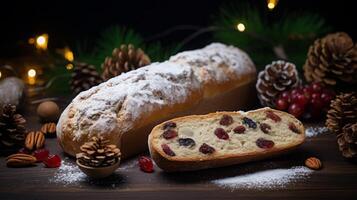 AI generated Christmas Stollen Bread with Festive Decorations photo