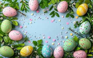 AI generated Easter Egg Adorned Frame on a Blue Background photo