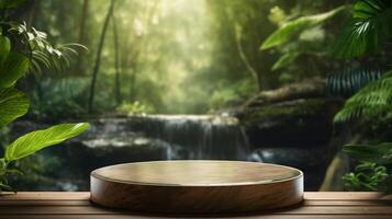 AI generated Wooden Podium With Forest Waterfall Background photo