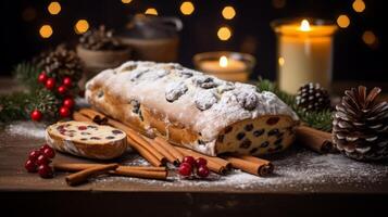 AI generated Christmas Stollen Bread with Festive Decorations photo
