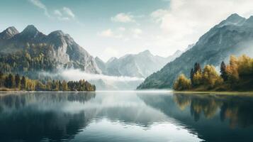 ai generado majestuoso montañas reflejando en calma lago foto