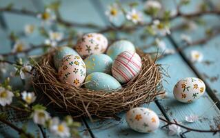 AI generated Easter Eggs Nestled in Straw on Blue Wood photo