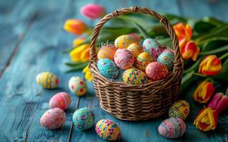 AI generated Tulips and Easter Eggs in Wicker Basket photo